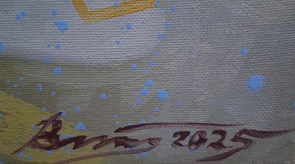 Signed Oil painting A person sees dreams by Sergiy Voichenko yellow blue abstract