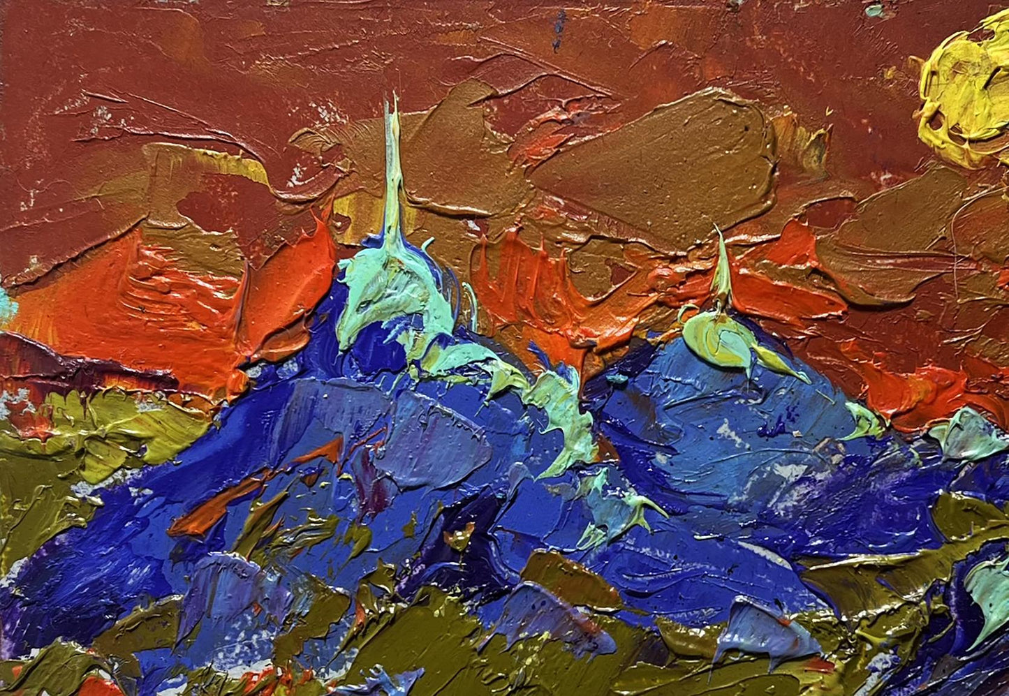 Oil painting Full moon in the field by Oleksiy Ivanyuk with blue mountains