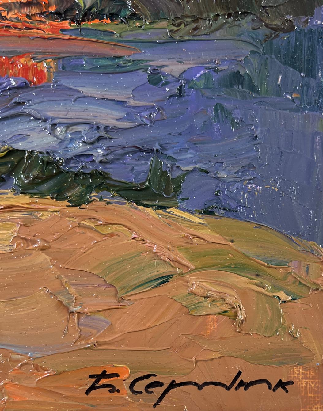 Textured impasto oil painting of geese in yard by Boris Serdyuk