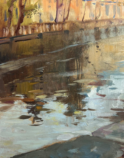 Warm-toned oil painting by Yuriy Suprunchuk of city alley river with reflections