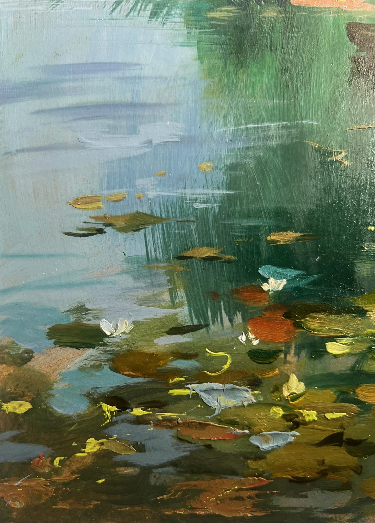 Serene oil painting of tranquil pond with lily pads by Yuriy Suprunchuk