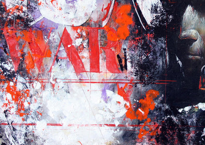 Oil painting Warrior by Alexander Dobrodiy: bold red war lettering on chaotic gray splatters