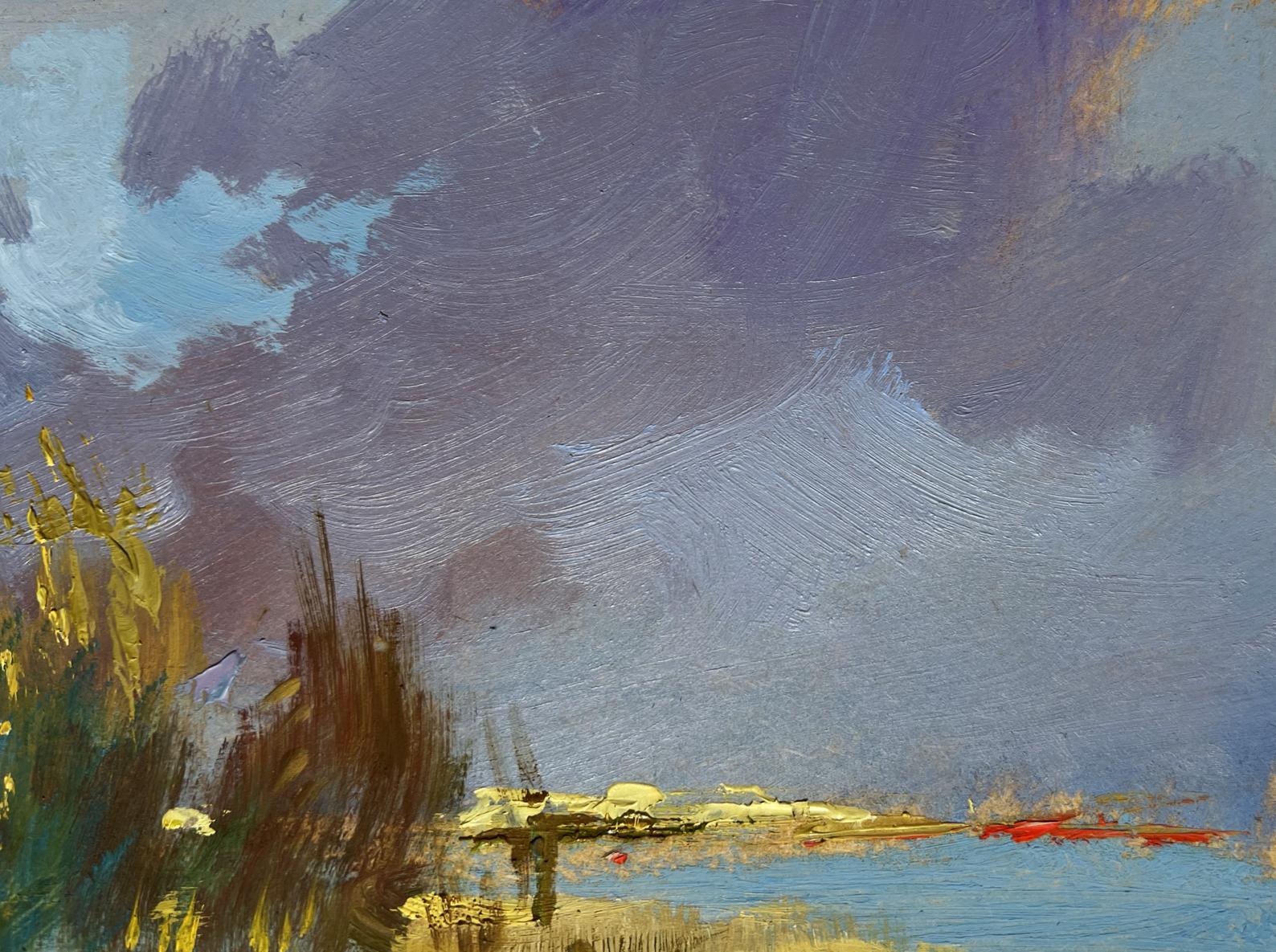 Oil painting A boat among the reeds by Yuriy Suprunchuk moody coastal scene