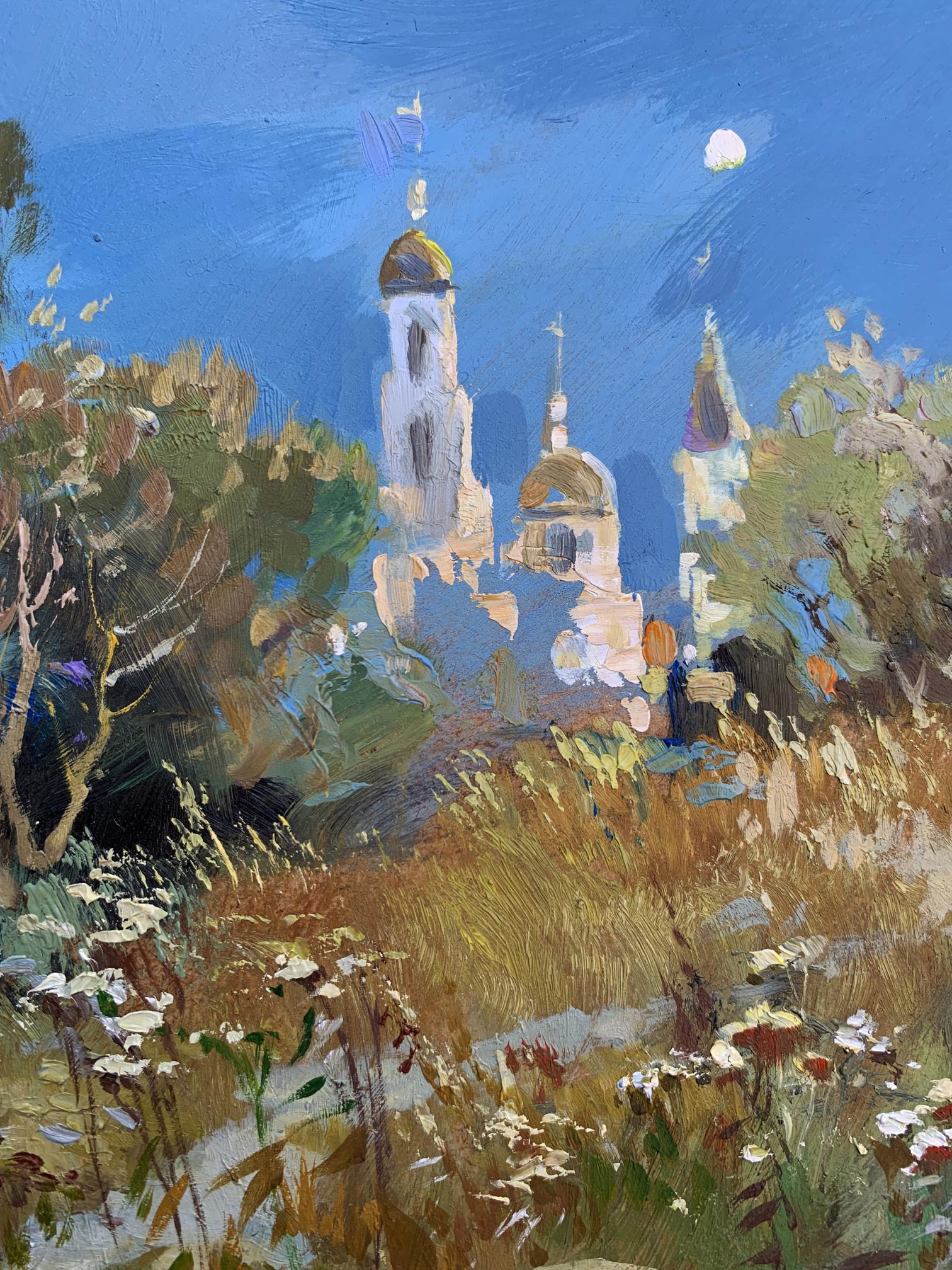 White stone church with golden domes in Yuriy Suprunchuk oil painting