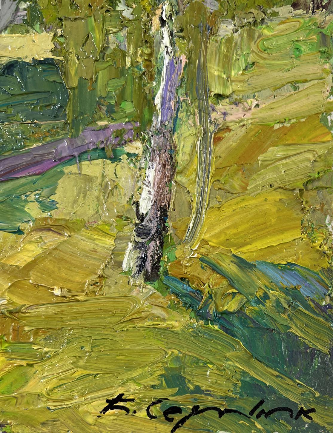 Oil painting In the sunlight by Boris Serdyuk, textured tree in greens and yellows