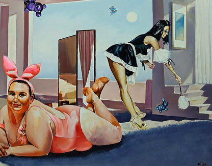 Oil painting of maid in black white outfit on stairs by Igor Konovalov