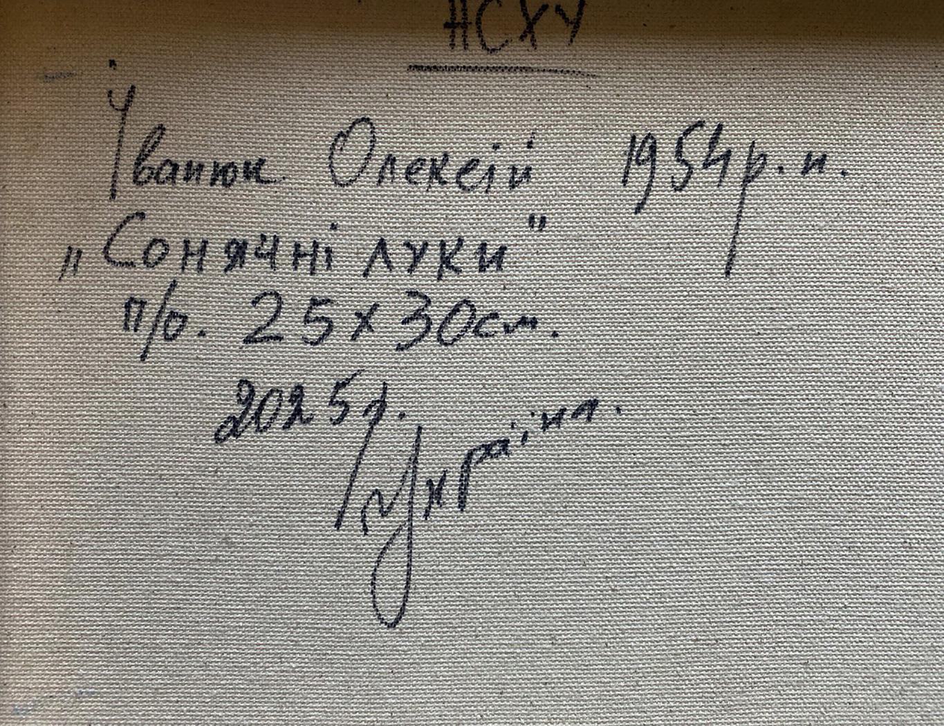 Handwritten Cyrillic script on back of Oleksiy Ivanyuk Sunny Meadows oil painting