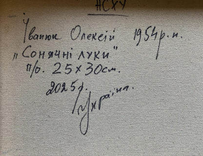 Handwritten Cyrillic script on back of Oleksiy Ivanyuk Sunny Meadows oil painting