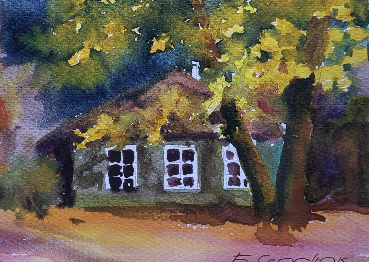 Watercolor painting Leaves at the doorstep by Boris Serdyuk quaint cottage