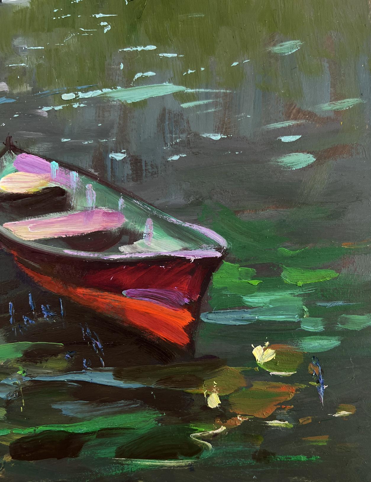Oil painting by Yuriy Suprunchuk: vibrant rowboat on lily pad river