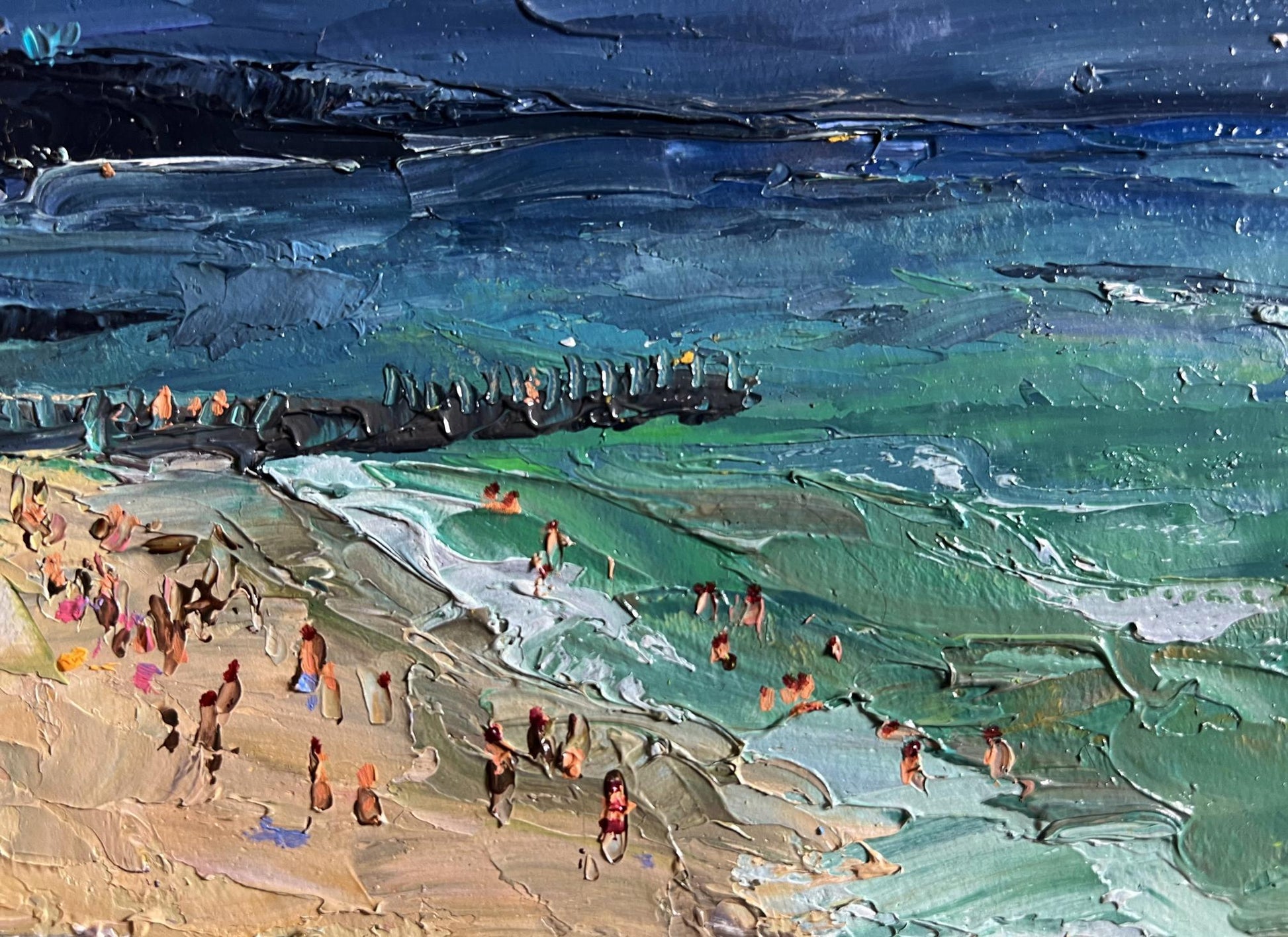 Vibrant impressionist oil painting of people on beach by Boris Serdyuk