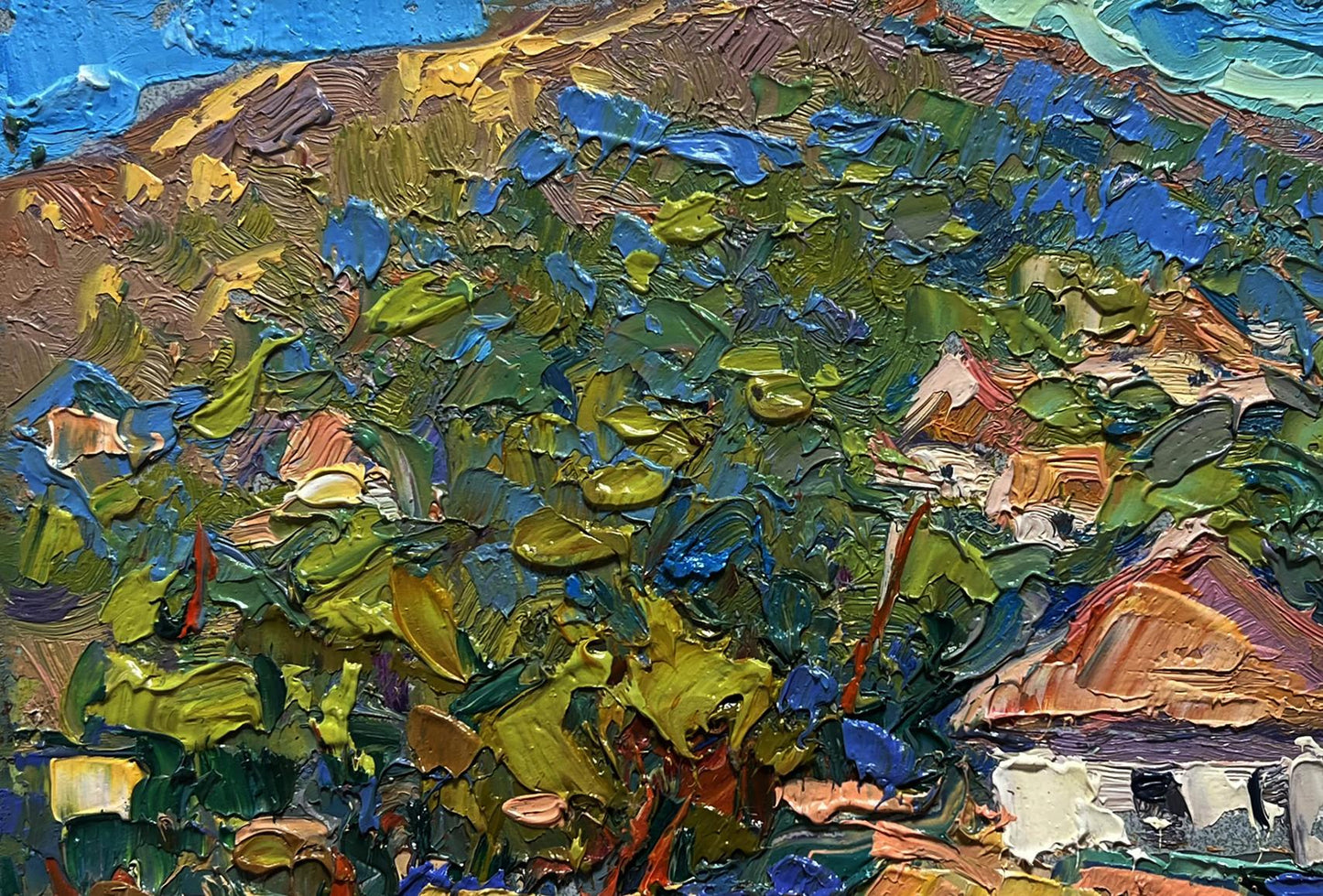 Oil painting of village under mountain by Oleksiy Ivanyuk