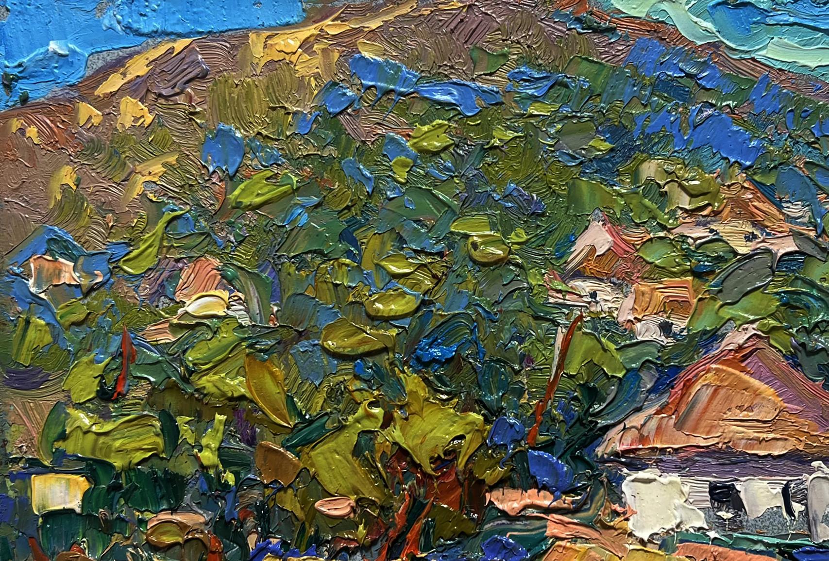 Oil painting of village under mountain by Oleksiy Ivanyuk