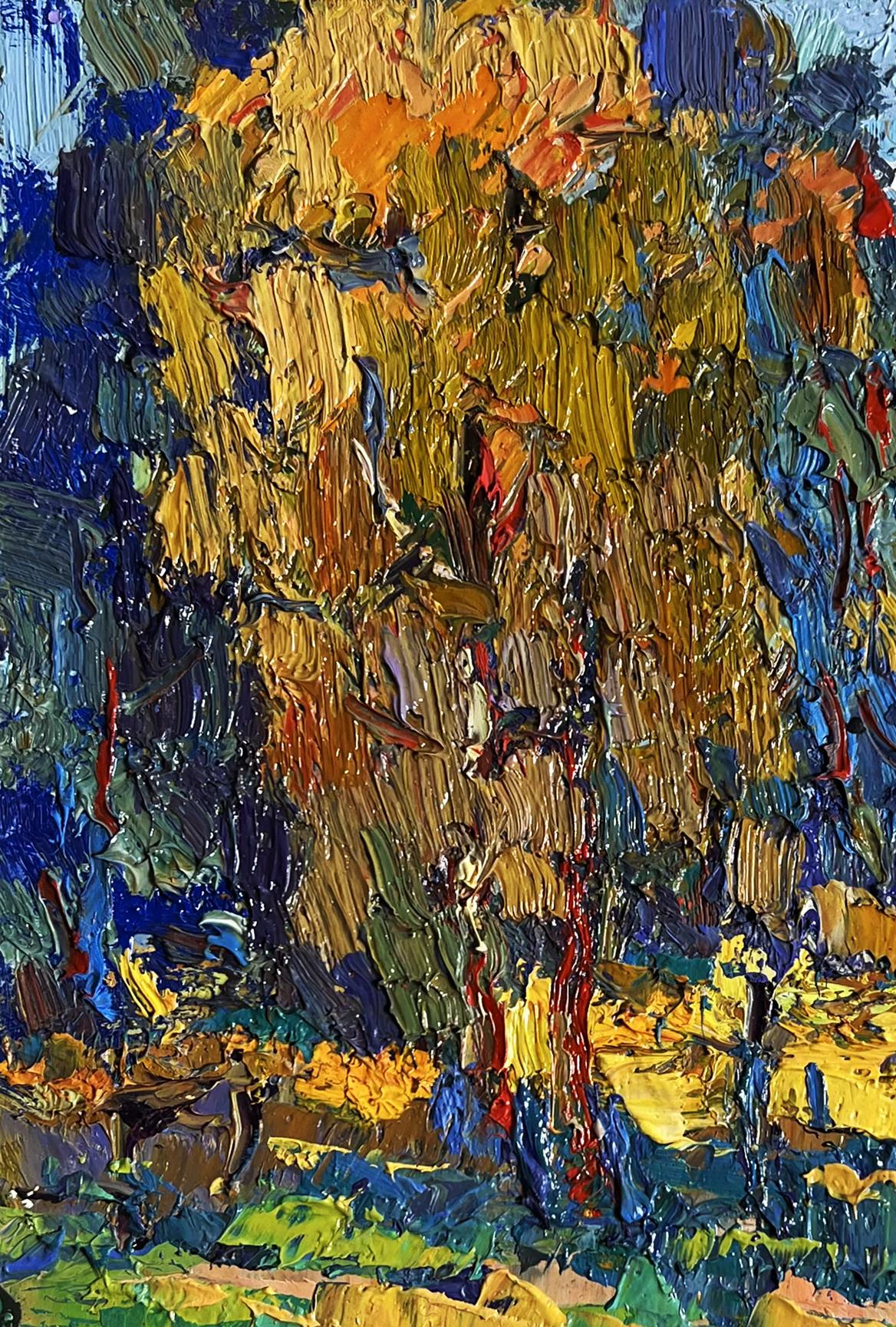 Vibrant oil painting Sunbeams on the Meadows by Oksana Ivanyuk, golden tree