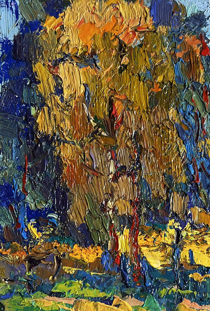 Vibrant oil painting Sunbeams on the Meadows by Oksana Ivanyuk, golden tree