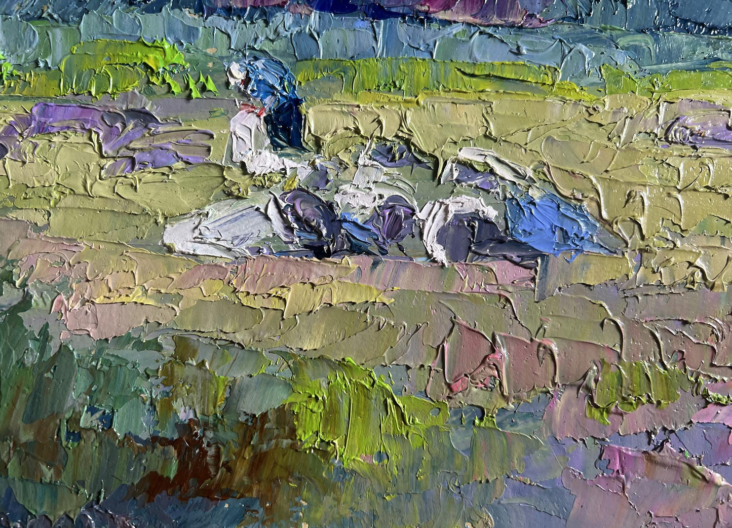 Oil painting Preparing for Winter by Boris Serdyuk, impressionistic blue figure in vibrant tones