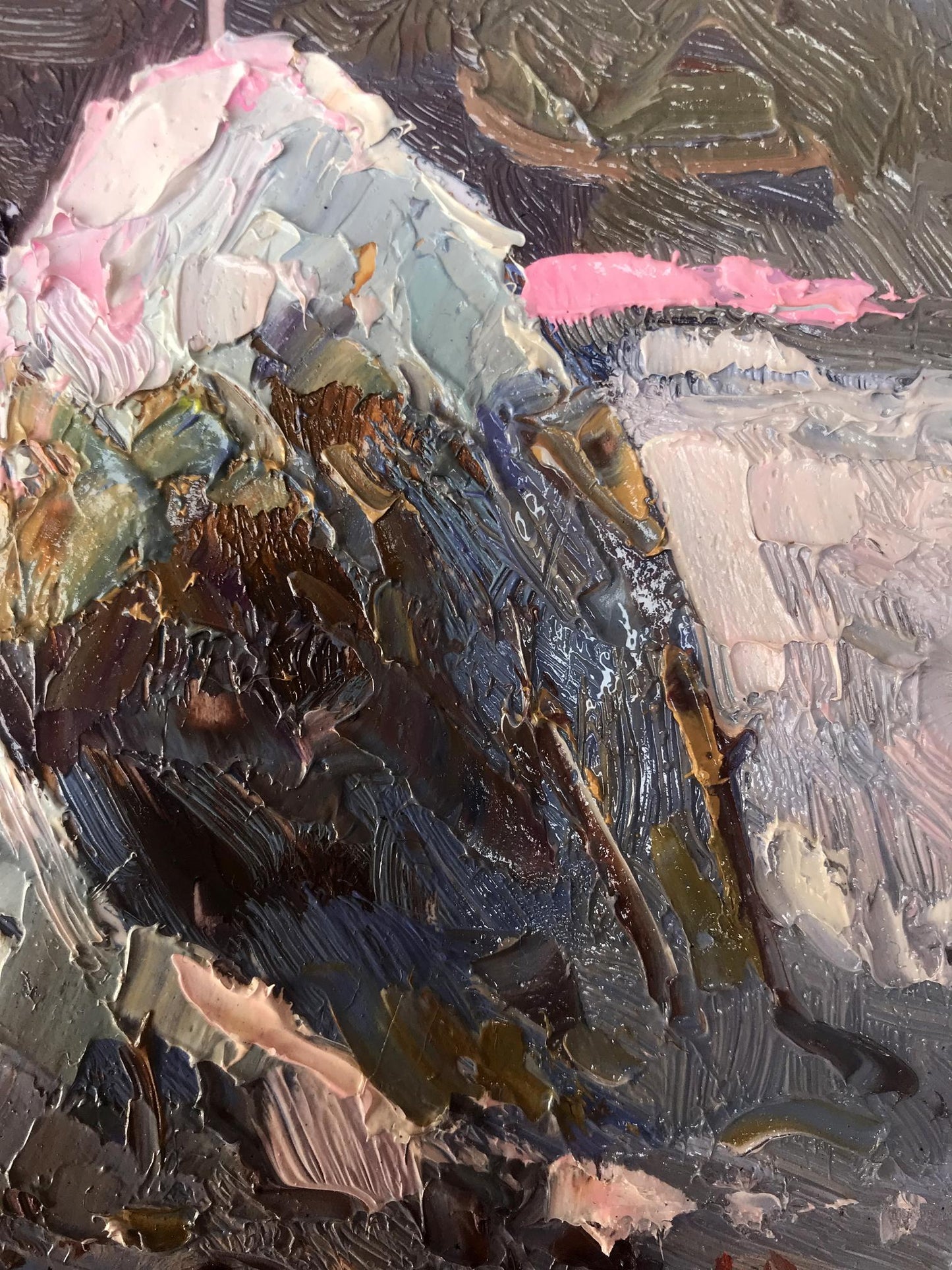 Moonlit frosty night oil painting by Oksana Ivanyuk with textured mountain peak