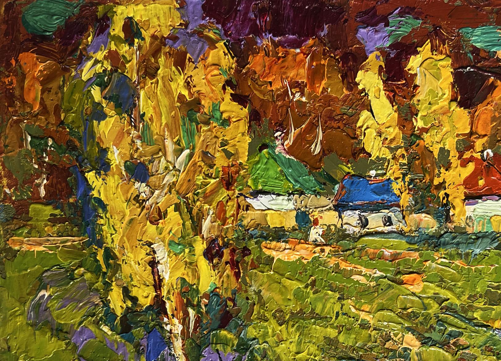 Vibrant impressionist oil painting Autumn streets of village by Oksana Ivanyuk