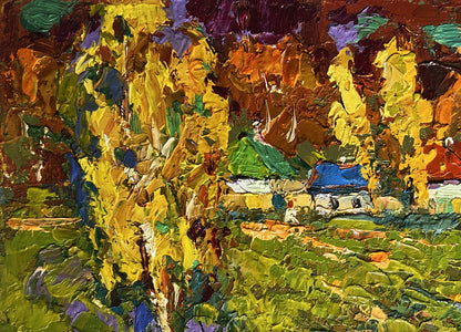 Vibrant impressionist oil painting Autumn streets of village by Oksana Ivanyuk