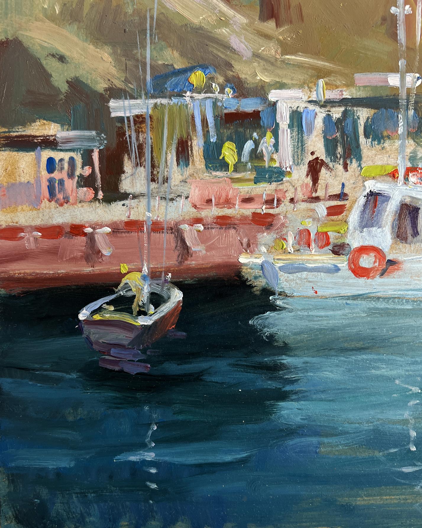 Oil painting of small red and white boat with yellow figure on Ships on the ferry by Yuriy Suprunchuk