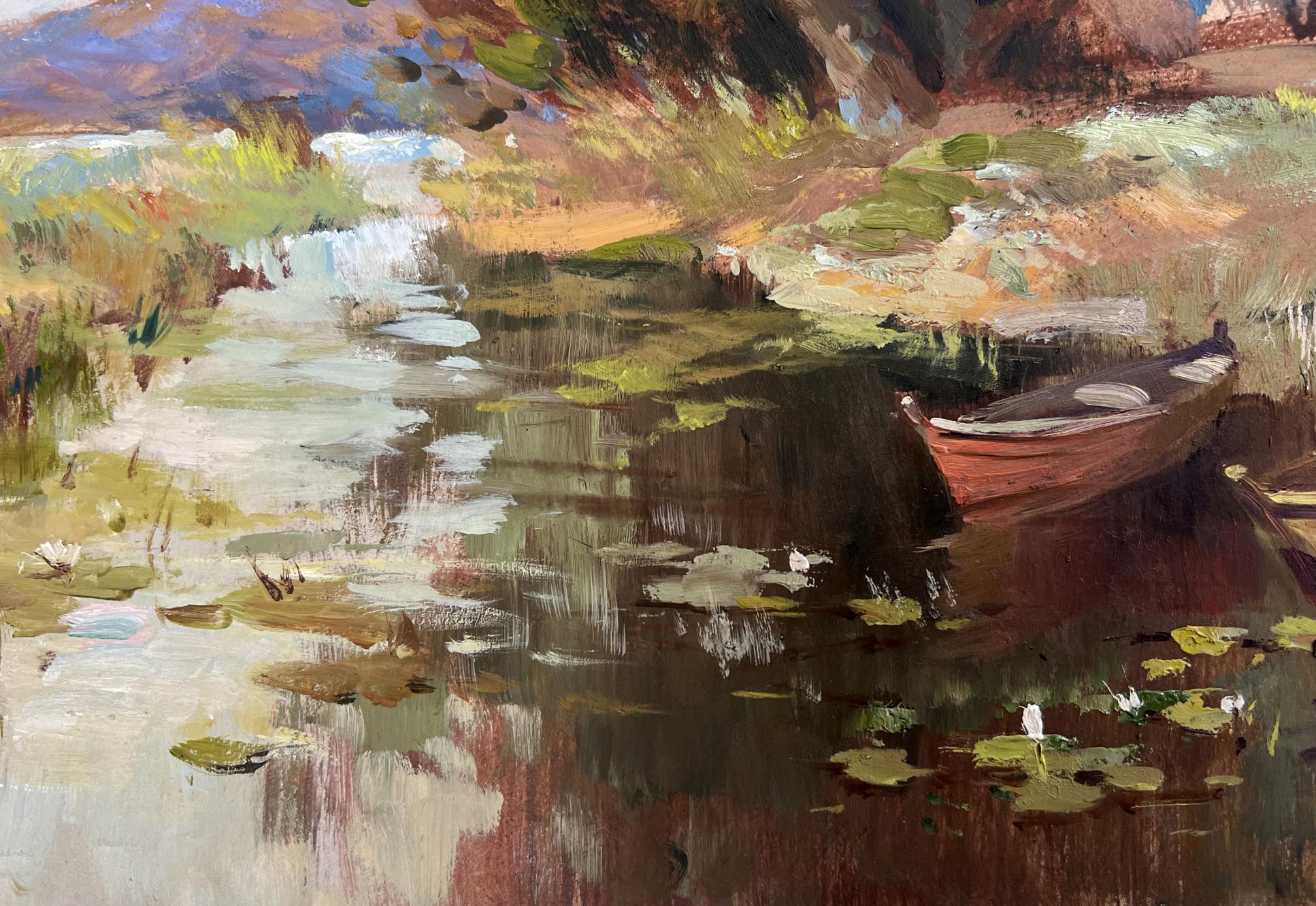 Rustic rowboat on lily-pad pond by river, oil painting by Yuriy Suprunchuk