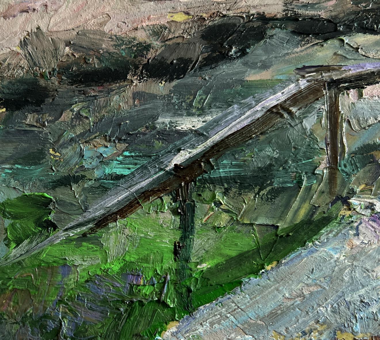 Oil painting Village Bridge by Boris Serdyuk, textured green gray impasto