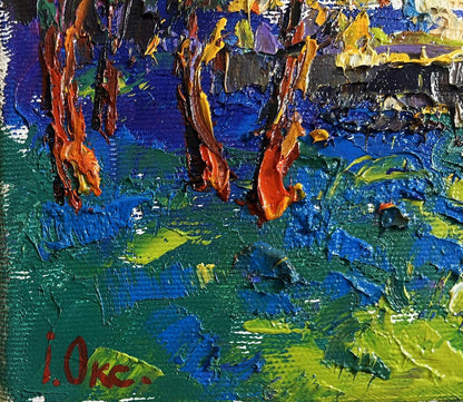 Vibrant oil painting of city autumn park by Oksana Ivanyuk