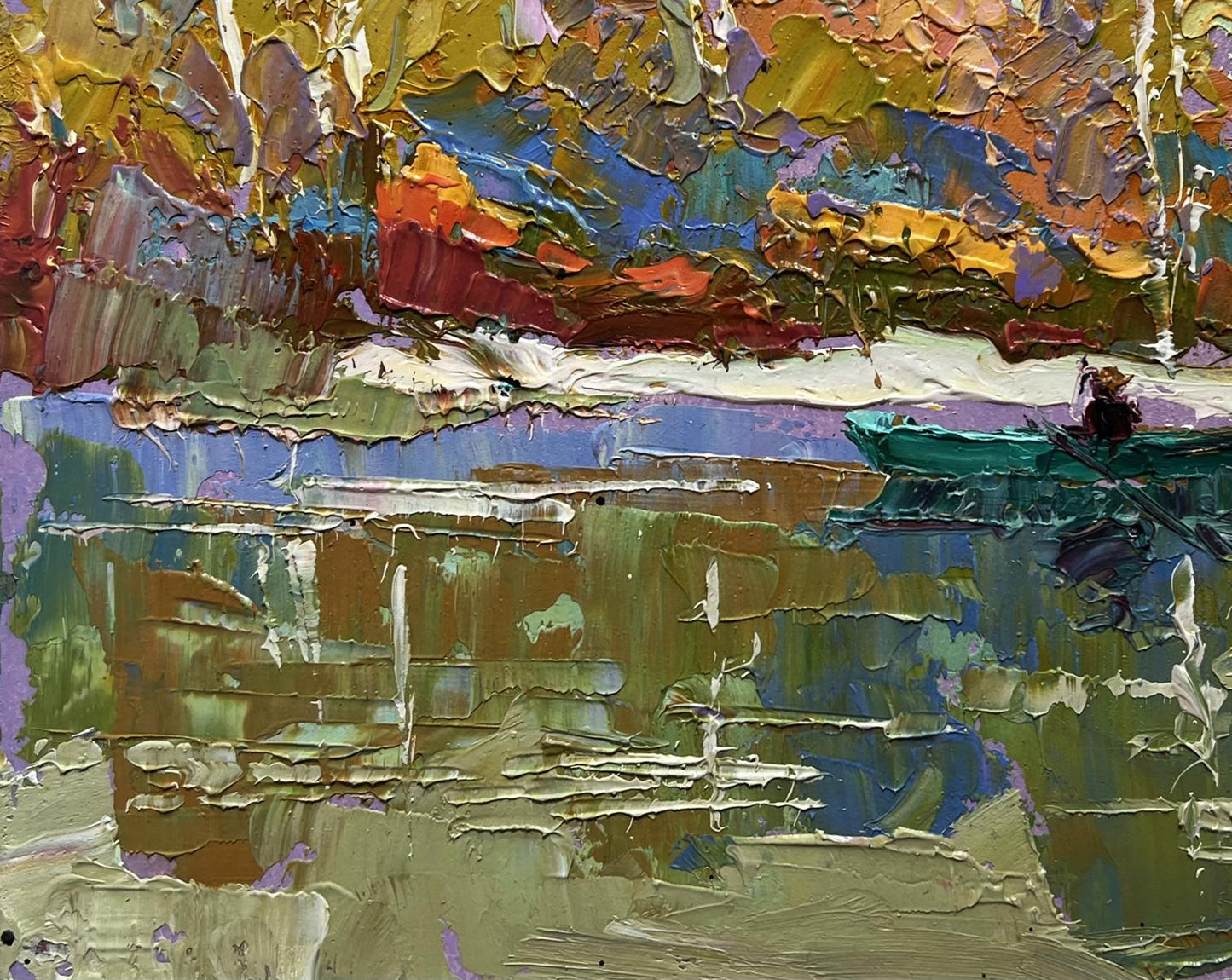 Oil painting Early autumn has arrived by Oksana Ivanyuk: teal boat on reflective water