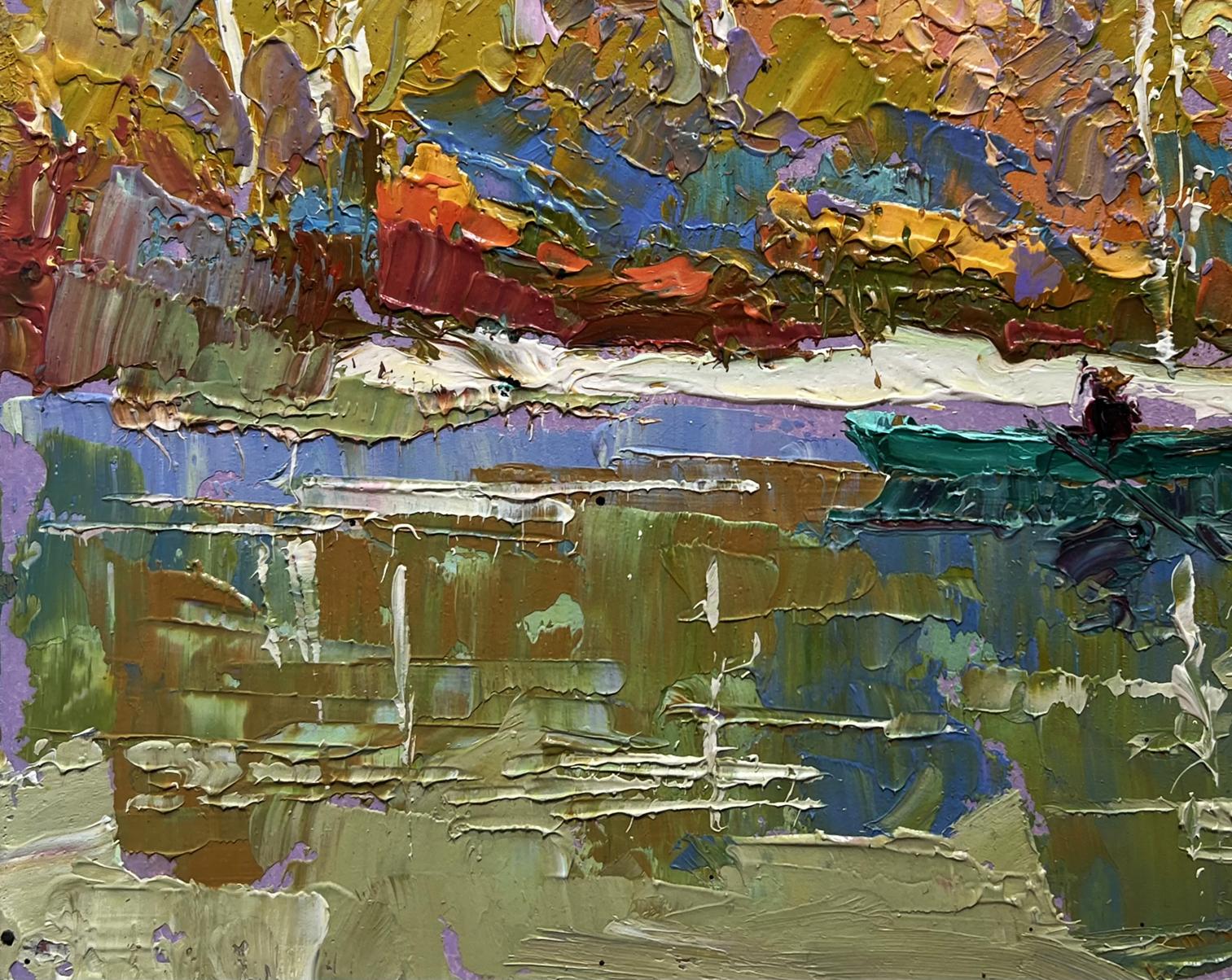 Oil painting Early autumn has arrived by Oksana Ivanyuk: teal boat on reflective water