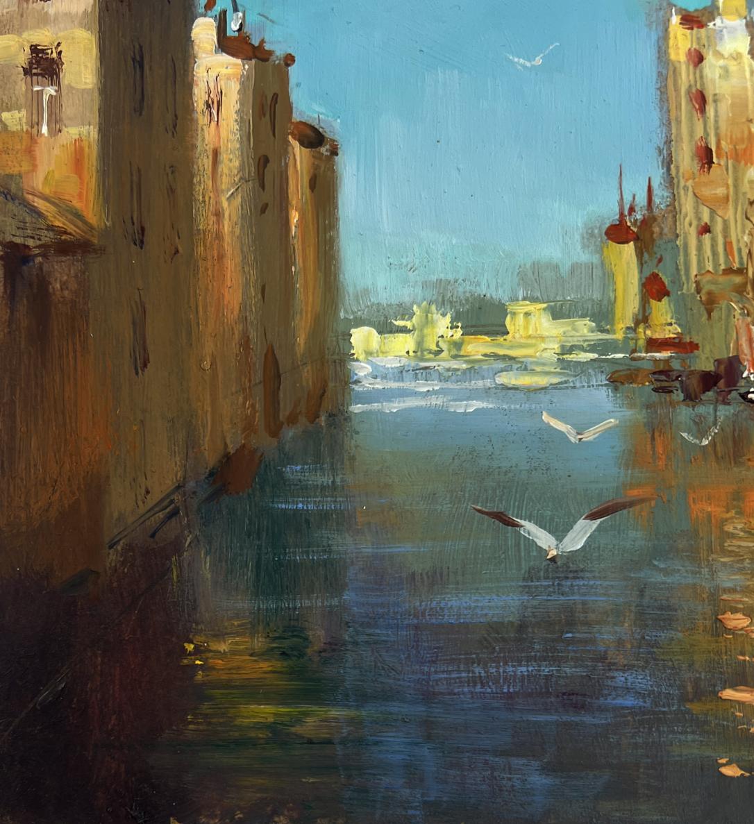 Serene impressionist oil painting of Yuriy Suprunchuk city canal on water