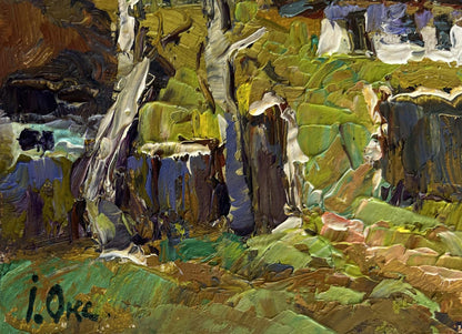 Impasto oil painting of houses near forest by Oksana Ivanyuk