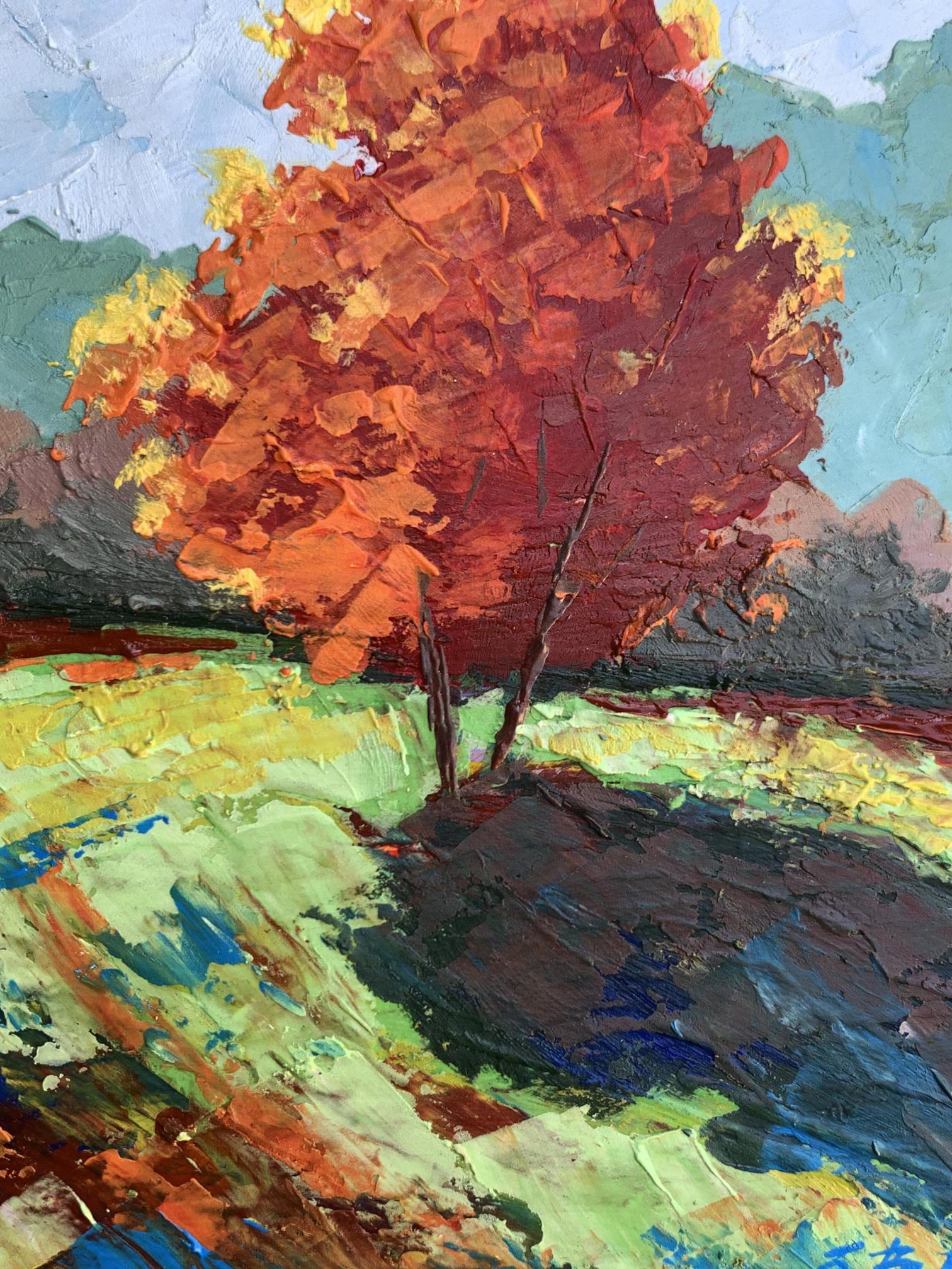Vibrant oil painting of autumn tree by V. Zadorozhnya, fiery leaves and hills