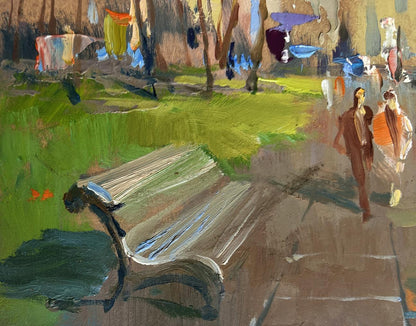 Oil painting of weathered park bench in golden autumn by Yuriy Suprunchuk
