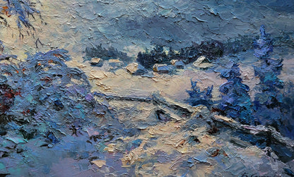 Textured impressionist oil painting of Boris Serdyuk winter mountains snowy landscape