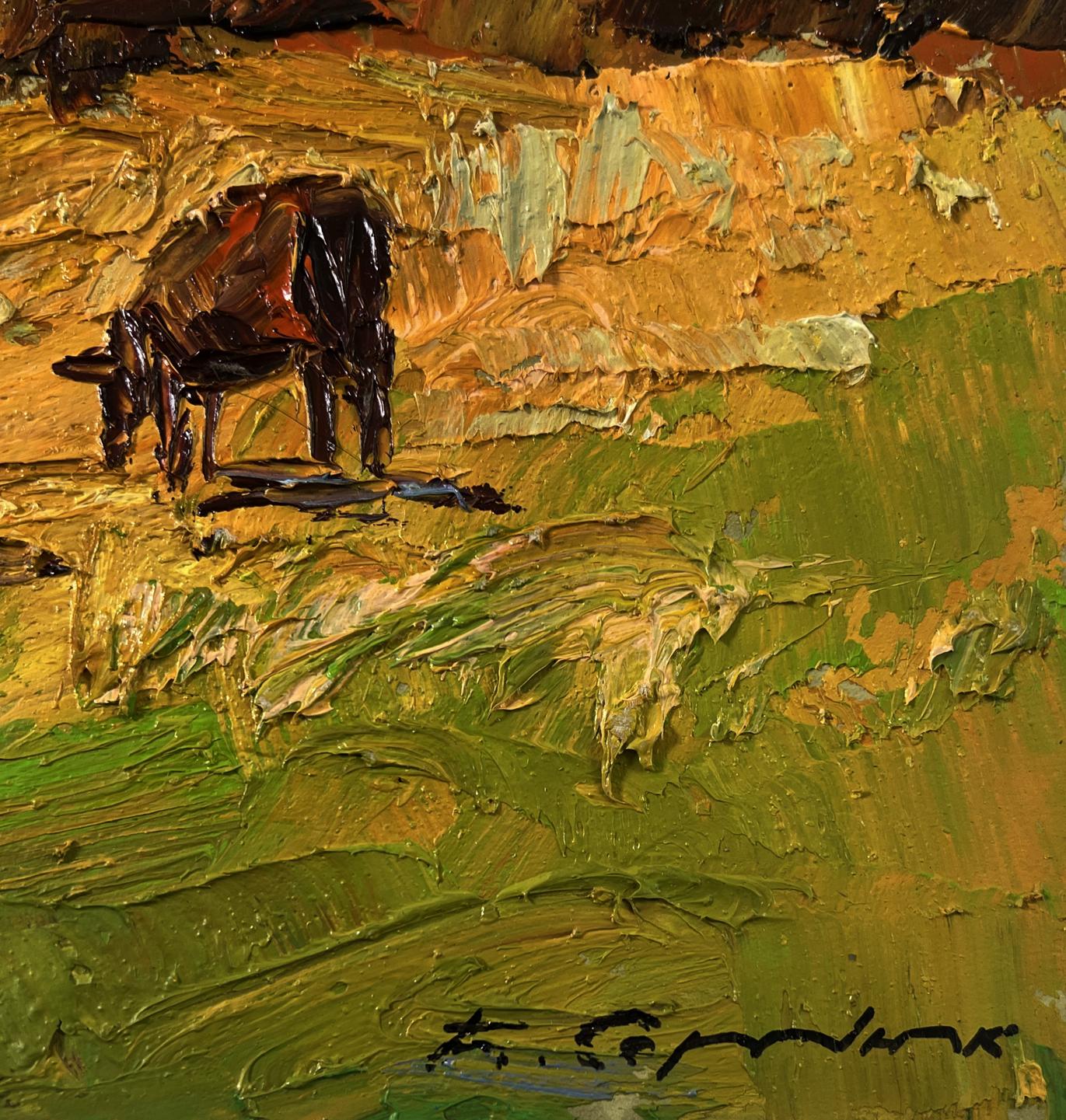 Oil painting Cows on the hill by Boris Serdyuk, textured cow on green ochre landscape