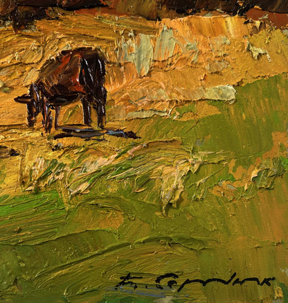 Oil painting Cows on the hill by Boris Serdyuk, textured cow on green ochre landscape