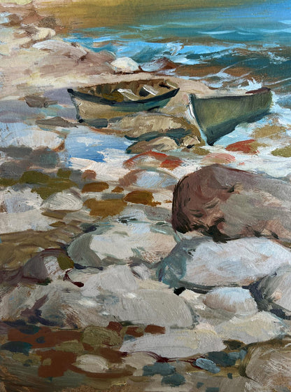 Oil painting of weathered green brown rowboats on rocky shore by Yuriy Suprunchuk