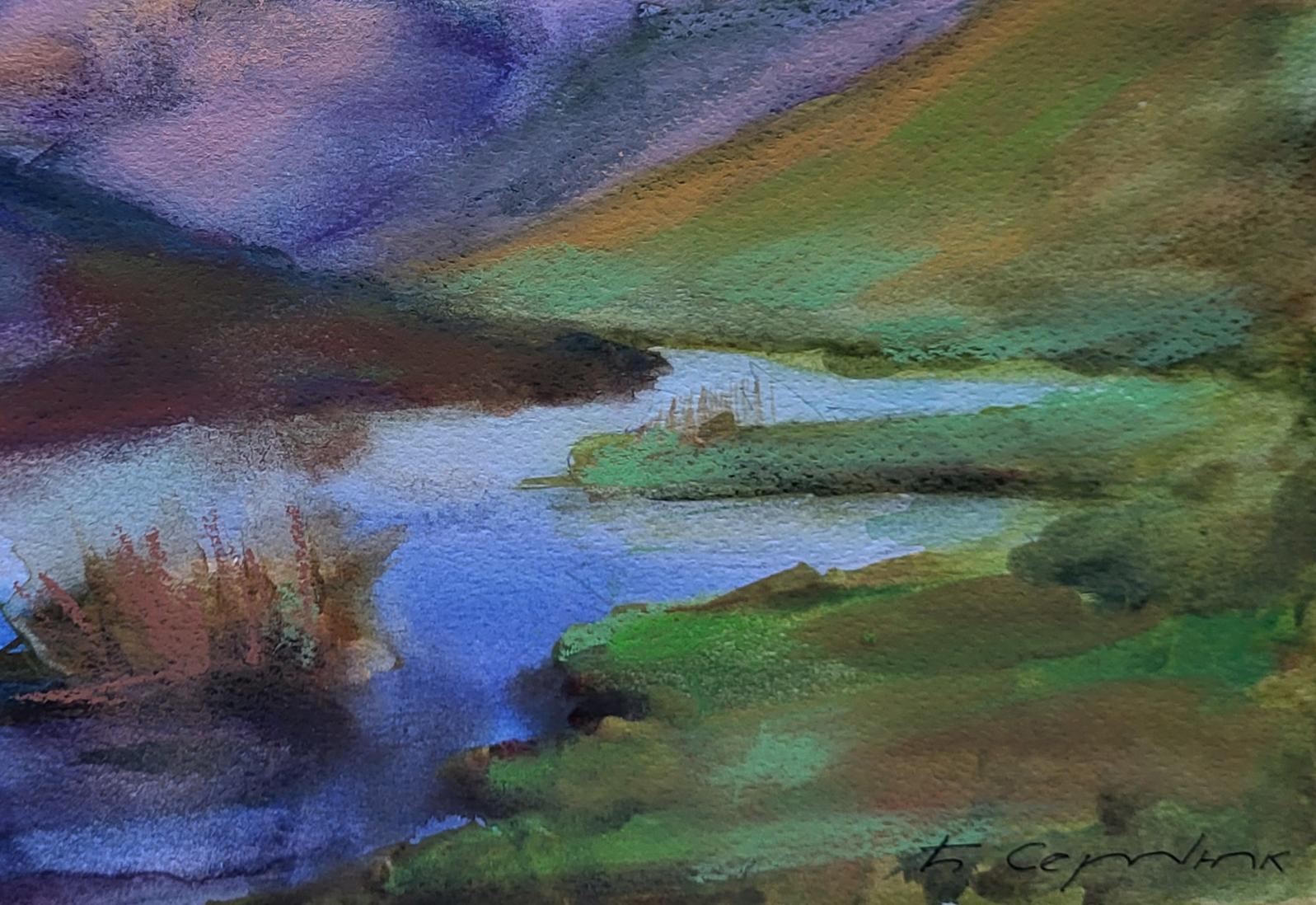 Watercolor painting of clouds over ridges by Boris Serdyuk
