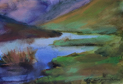 Watercolor painting of clouds over ridges by Boris Serdyuk