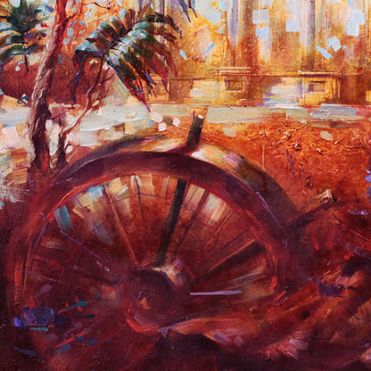 Oil painting Red morning by Alexander Dobrodiy with rustic wooden wheel