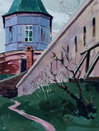 Stylized gouache painting of Vitaly Duhneviches monastery chapel with blue tower, green roof, white windows