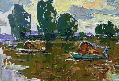 Oil painting Hay transportation by boats by Oleksiy Ivanyuk impasto style