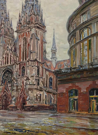Oil painting of Church of St. Nicholas by Leonid Pavlenko, gothic cathedral