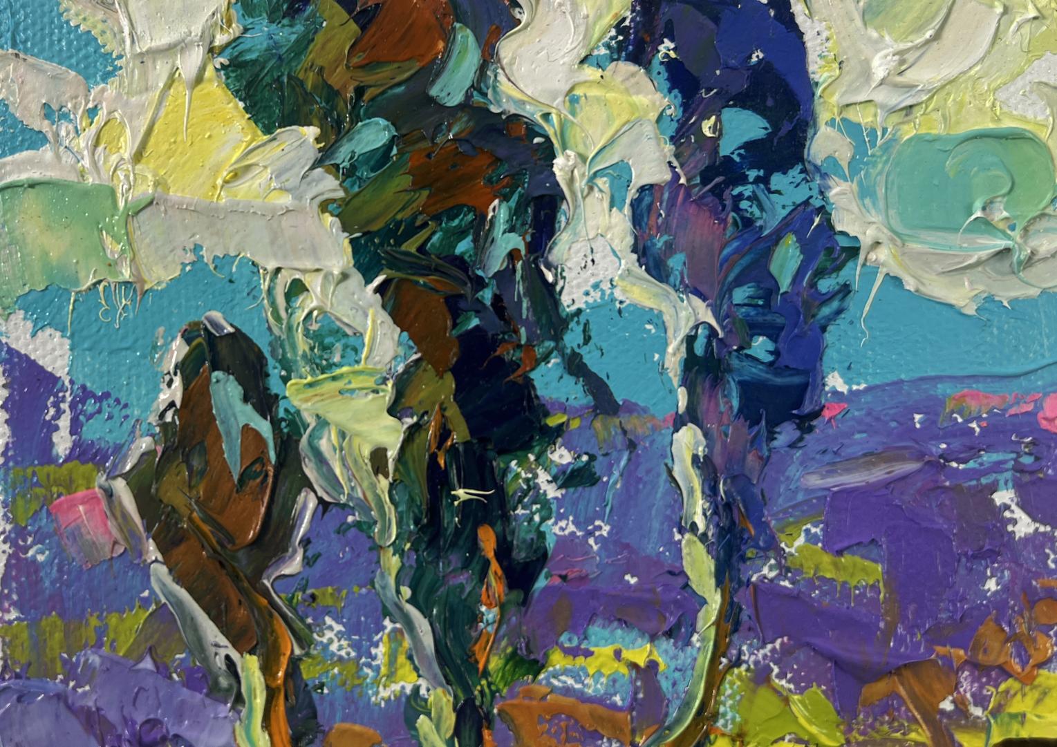 Vibrant oil painting Poplars above the path in fog by Oleksiy Ivanyuk