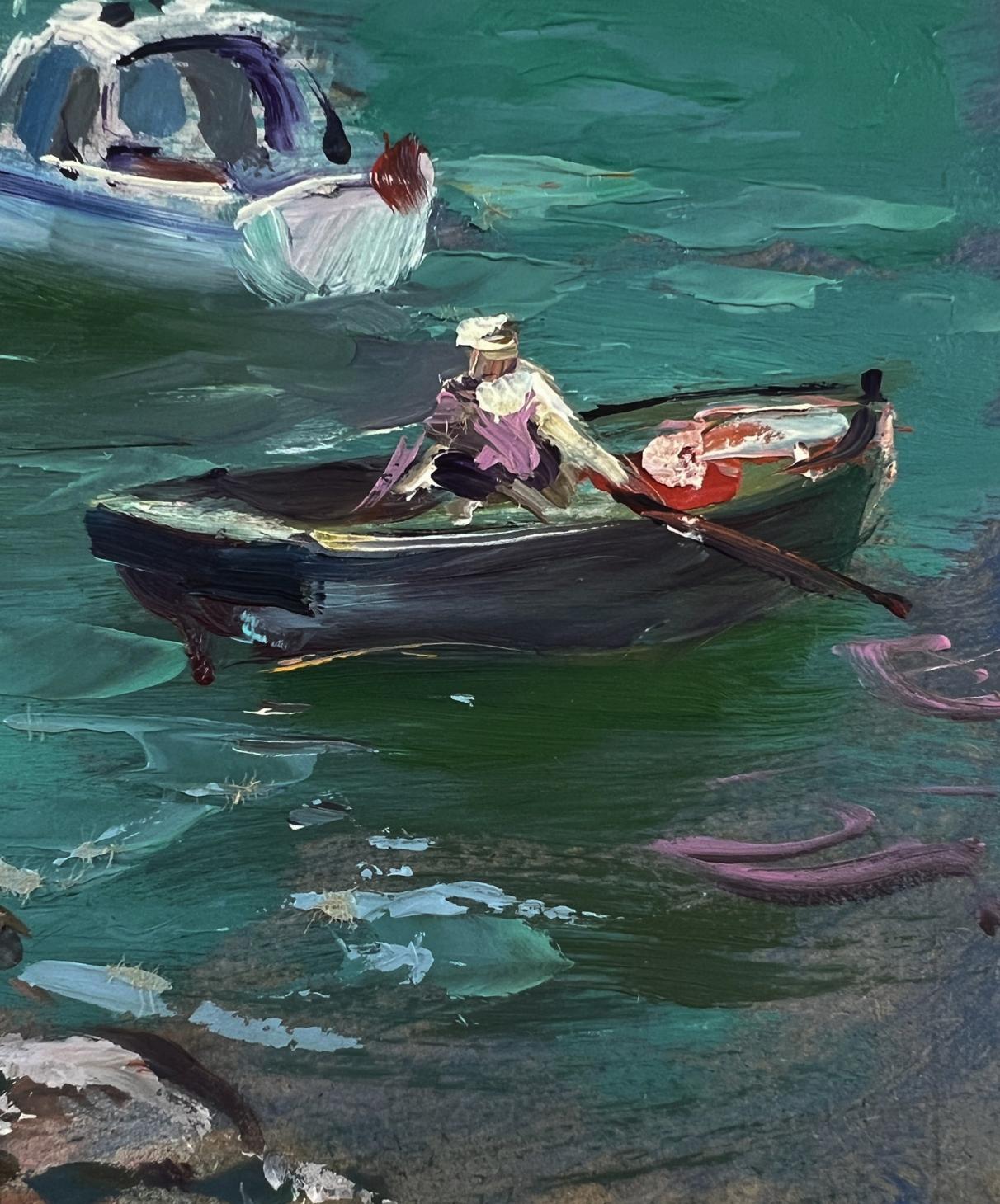 Oil painting of rowboat with person in white hat on teal seashore by Yuriy Suprunchuk