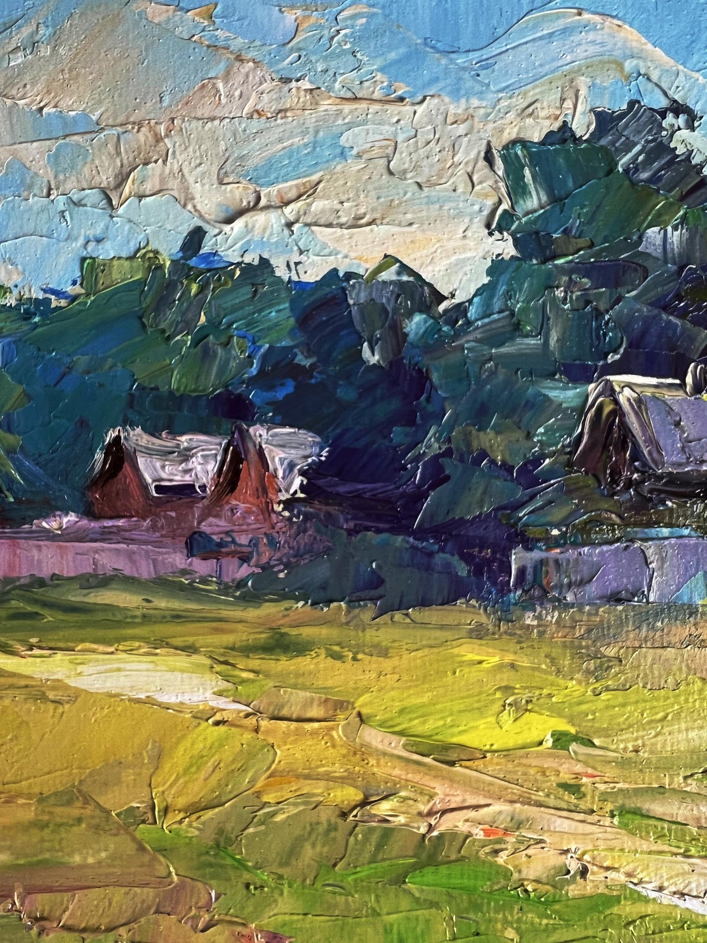 Impressionistic oil painting of red cow near houses by Boris Serdyuk