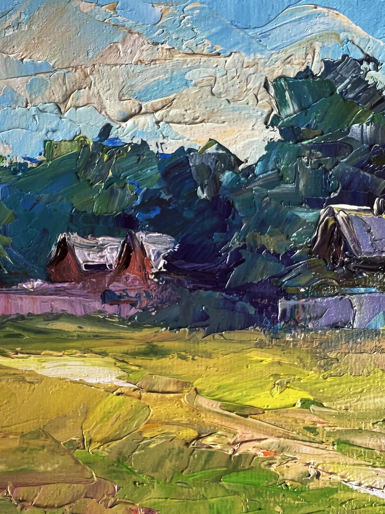 Impressionistic oil painting of red cow near houses by Boris Serdyuk