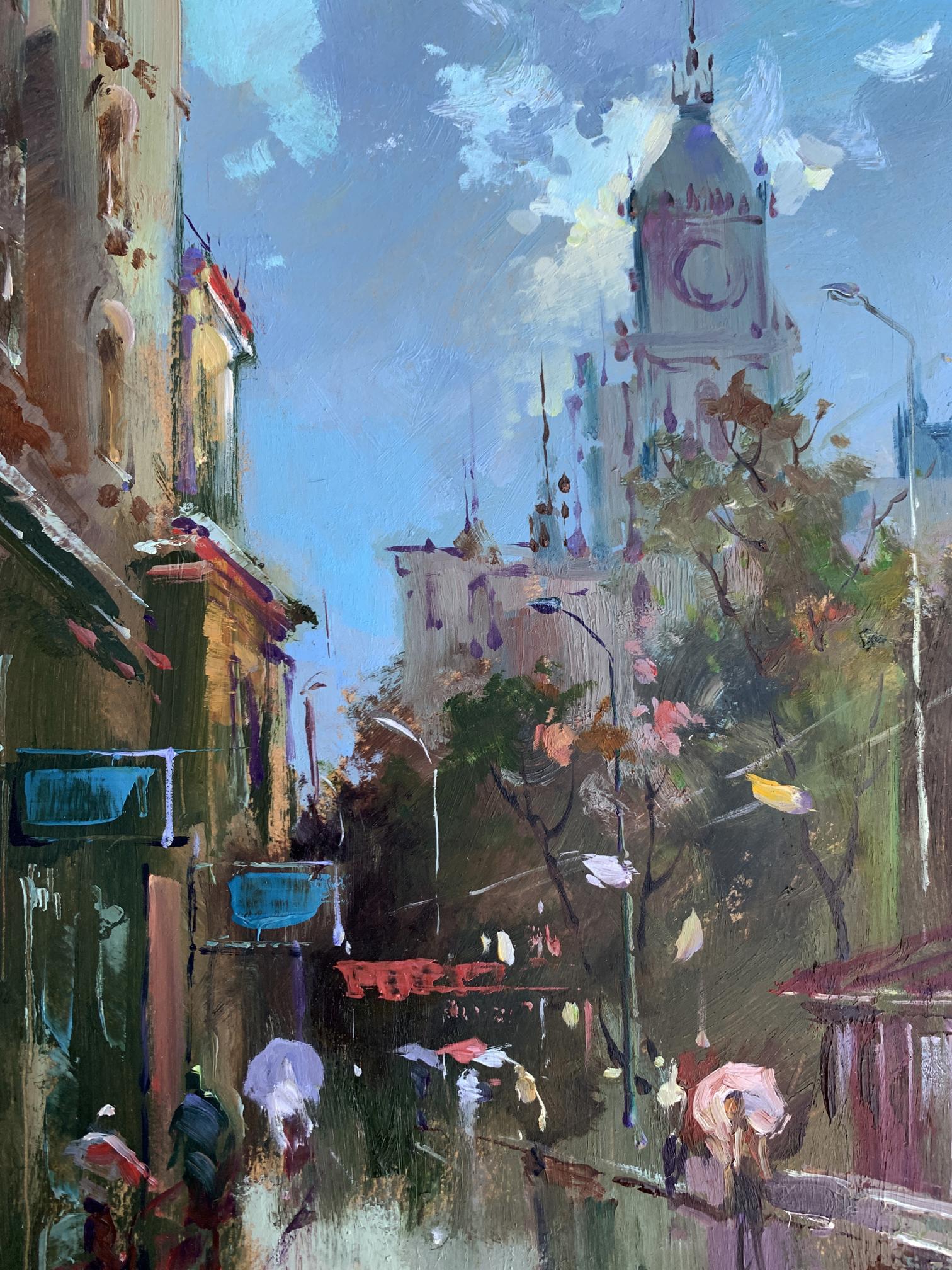 Oil painting of Yuriy Suprunchuk city bustle with ornate clock tower