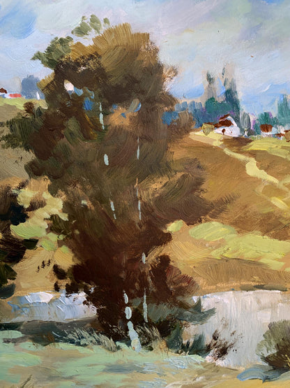Textured oil painting of village pond tree by Yuriy Suprunchuk