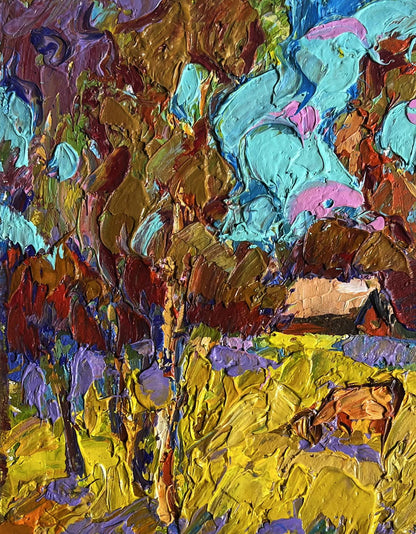 Vibrant oil painting of cow in field by Oleksiy Ivanyuk, turquoise and gold brushstrokes